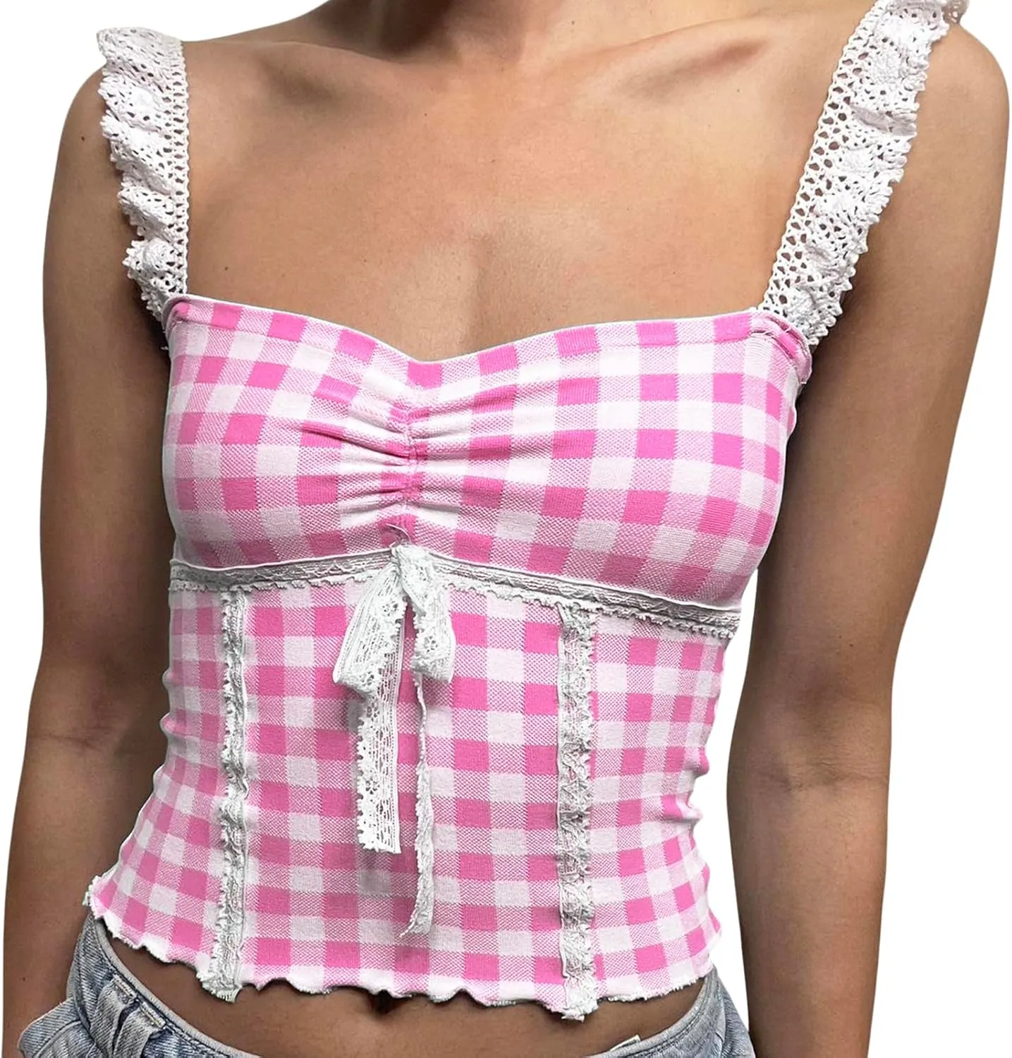 Women Sexy Low-Cut Plaid Camisoles Sleeveless Backless Slim Fit Lace Trim Cropped Strappy Tank Tops Streetwear