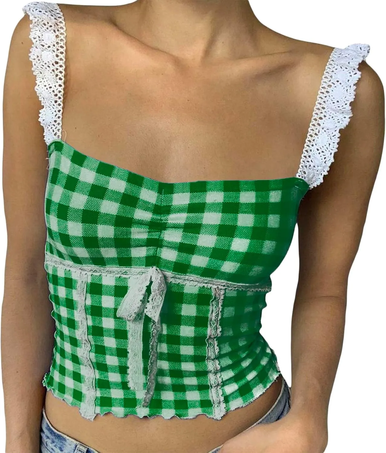 Women Sexy Low-Cut Plaid Camisoles Sleeveless Backless Slim Fit Lace Trim Cropped Strappy Tank Tops Streetwear