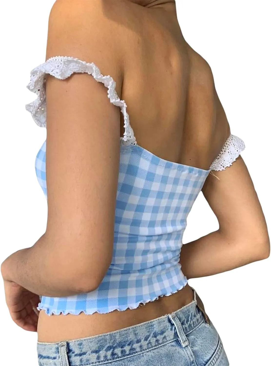 Women Sexy Low-Cut Plaid Camisoles Sleeveless Backless Slim Fit Lace Trim Cropped Strappy Tank Tops Streetwear