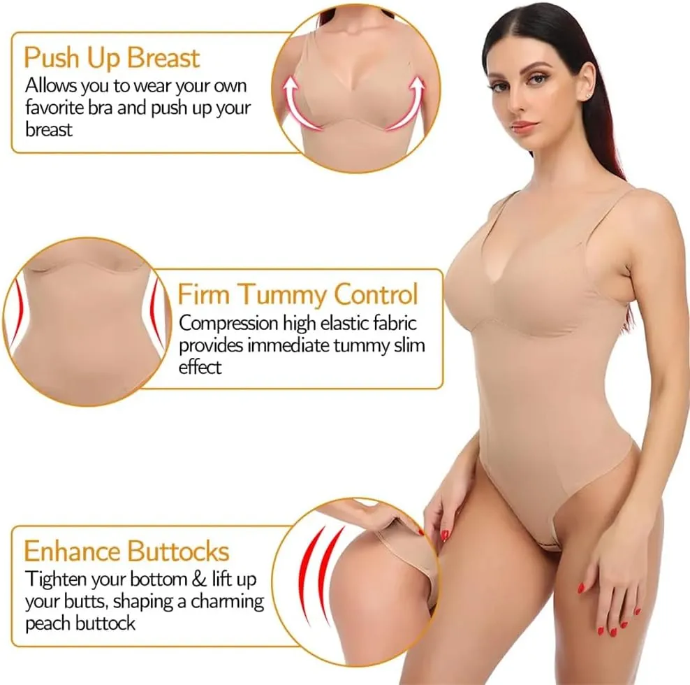 Women Shapewear Bodysuit Thong Waist Trainer Body Shaper Slimming Built-In Bra Camisoles Underwear