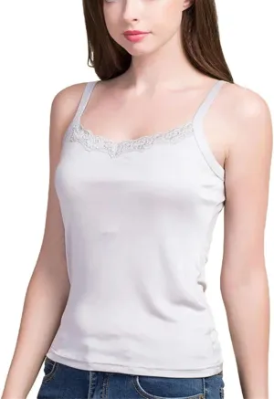 Women Silk Camis Real Silk Knitted lace Camisoles Bottoming T Shirt Beige White Tanks