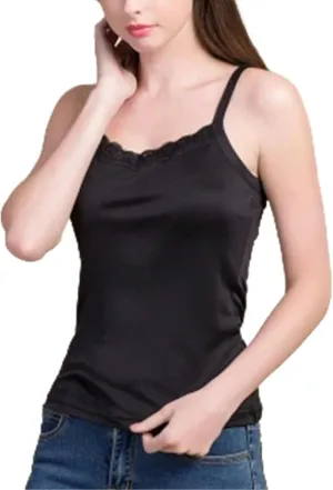 Women Silk Camis Real Silk Knitted lace Camisoles Bottoming T Shirt Beige White Tanks