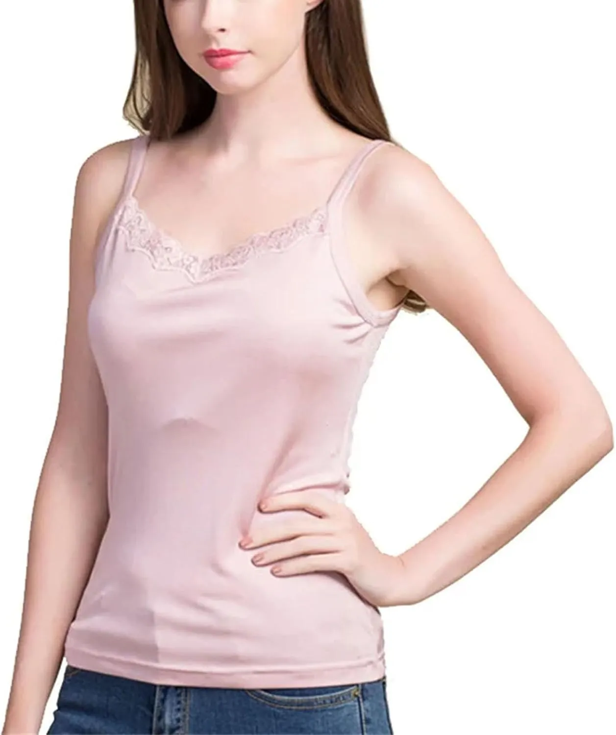 Women Silk Camis Real Silk Knitted lace Camisoles Bottoming T Shirt Beige White Tanks