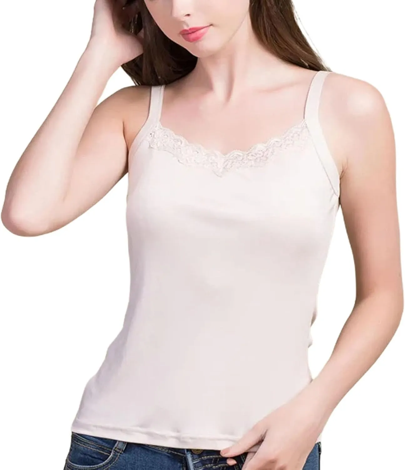 Women Silk Camis Real Silk Knitted lace Camisoles Bottoming T Shirt Beige White Tanks