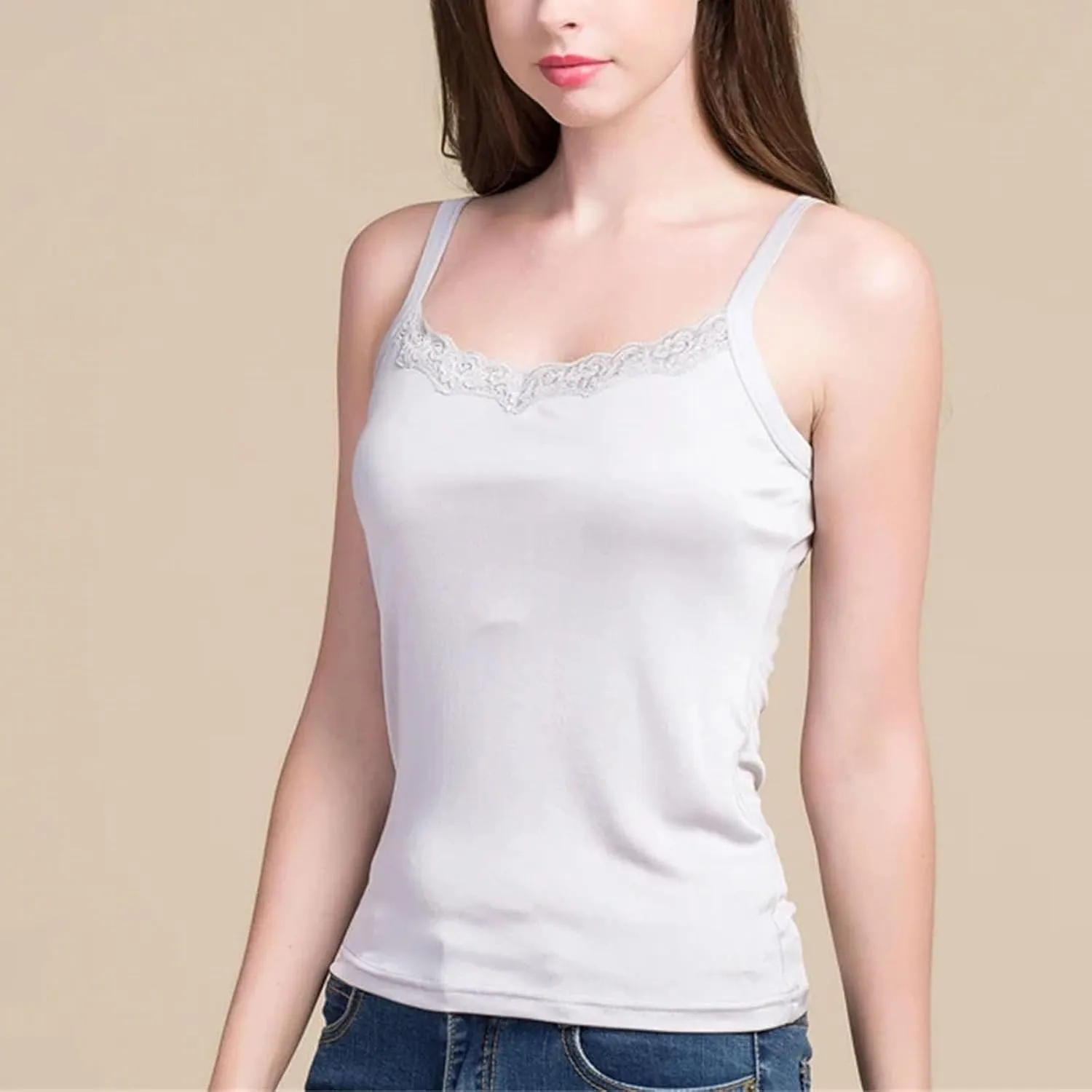 Women Silk Camis Real Silk Knitted lace Camisoles Bottoming T Shirt Beige White Tanks