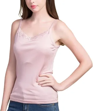 Women Silk Camis Real Silk Knitted lace Camisoles Bottoming T Shirt Beige White Tanks