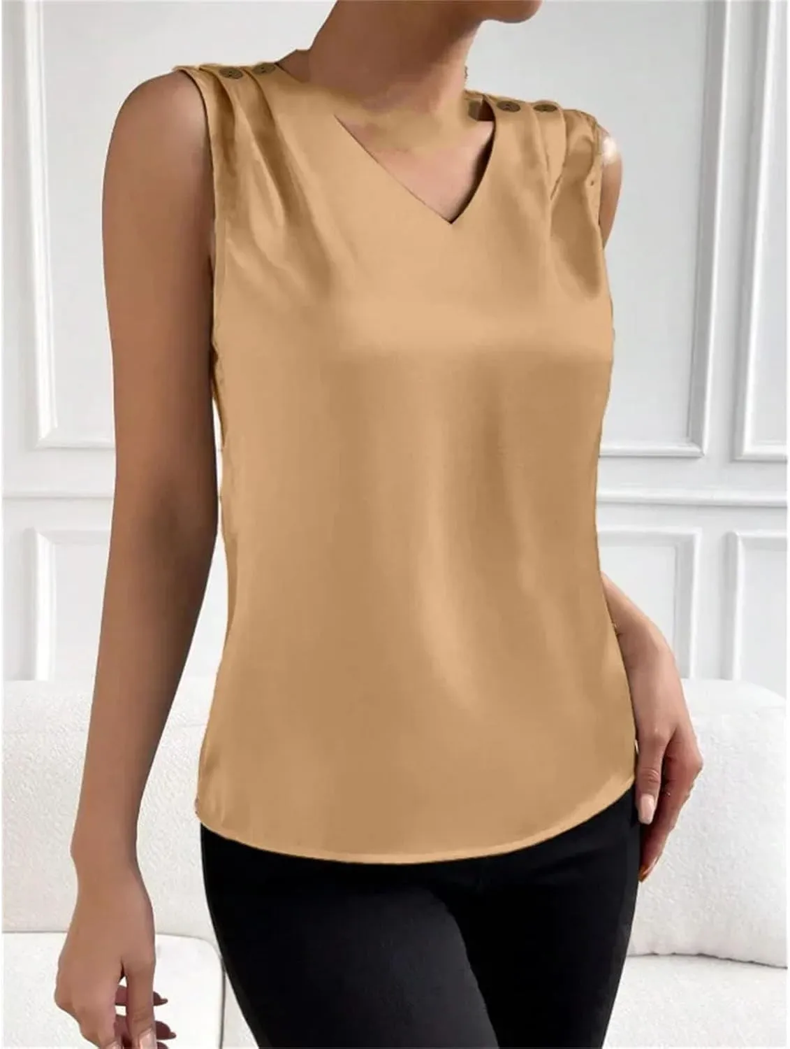 Women Silk Satin Tank Tops V Neck Camisole Blouse Casual Sleeveless Cami Tanks Shirt