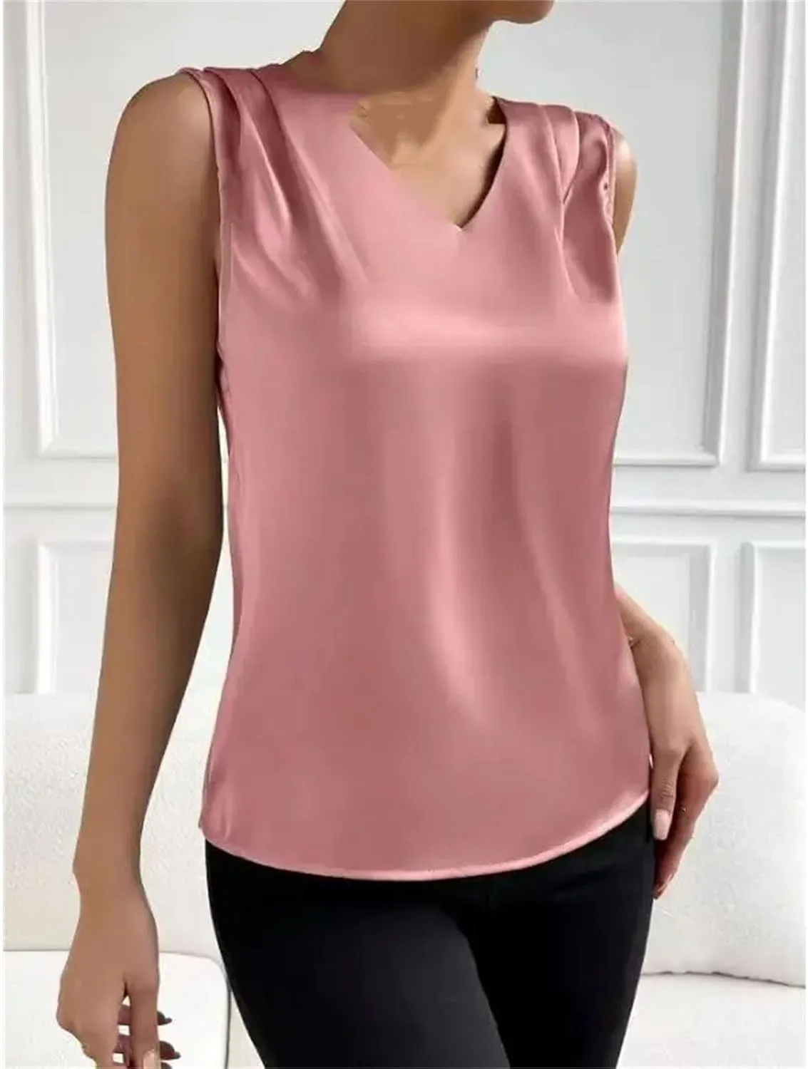 Women Silk Satin Tank Tops V Neck Camisole Blouse Casual Sleeveless Cami Tanks Shirt