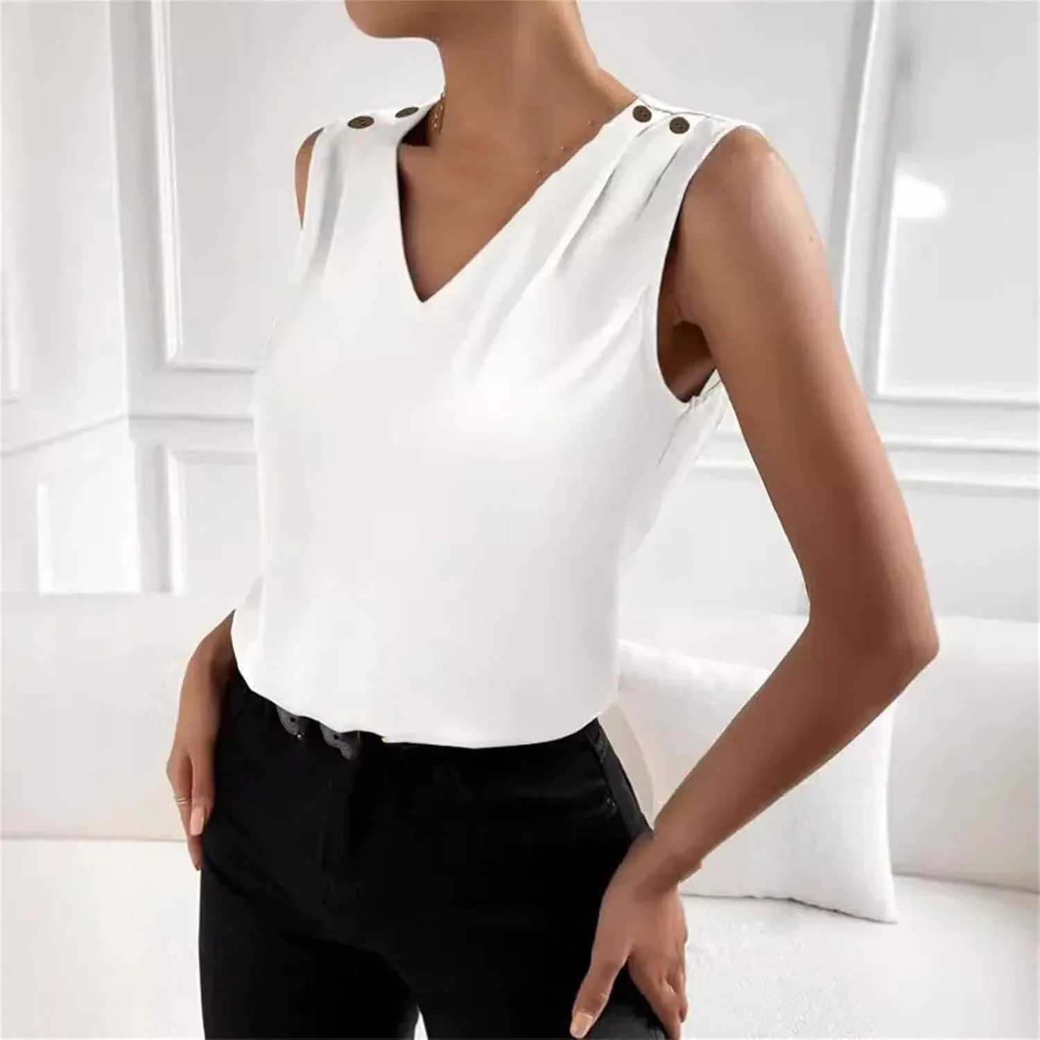 Women Silk Satin Tank Tops V Neck Camisole Blouse Casual Sleeveless Cami Tanks Shirt