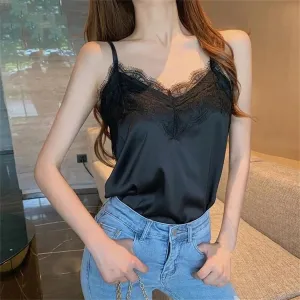 Women Solor Color Spaghetti Strap Camisole Tops Lace Patchwork Tanks Female Basic Sleeveless Cami
