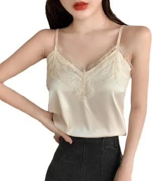 Women Solor Color Spaghetti Strap Camisole Tops Lace Patchwork Tanks Female Basic Sleeveless Cami
