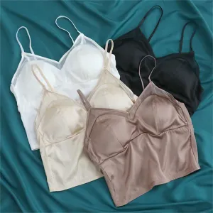 Women Spaghetti Strap Camisole Solid Color Tanks 100%Mulberry Silk Lining Camisole Padded Bralette Tube Top