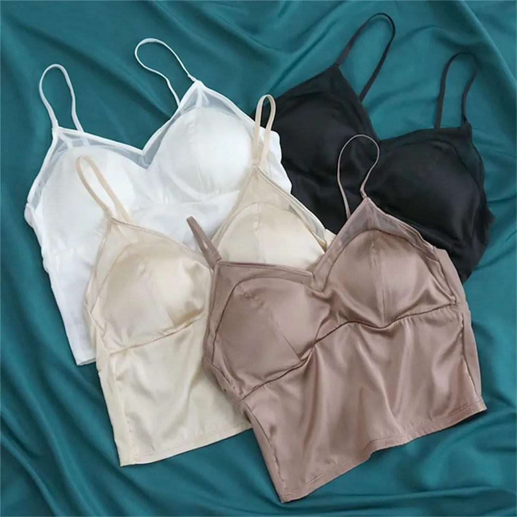 Women Spaghetti Strap Camisole Solid Color Tanks 100%Mulberry Silk Lining Camisole Padded Bralette Tube Top