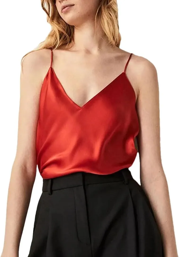 Women Spaghetti Strap Satin Top V Neck Basic Sleeveless Satin Silk Tank Summer Camisoles