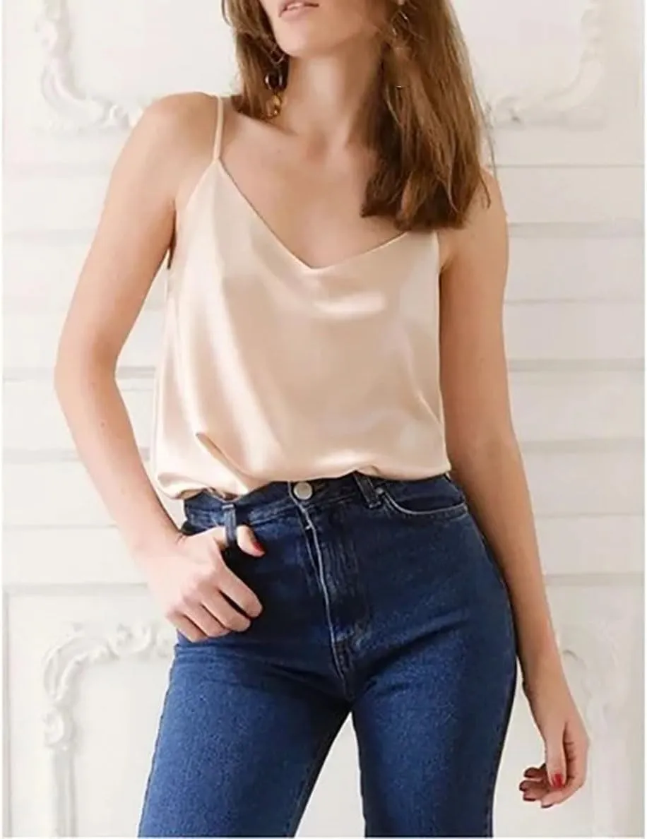 Women Spaghetti Strap Satin Top V Neck Basic Sleeveless Satin Silk Tank Summer Camisoles