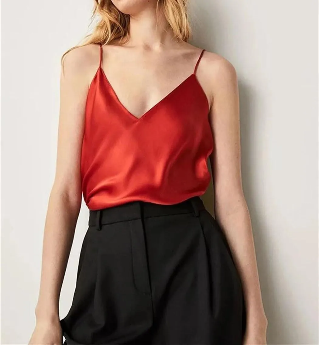 Women Spaghetti Strap Satin Top V Neck Basic Sleeveless Satin Silk Tank Summer Camisoles