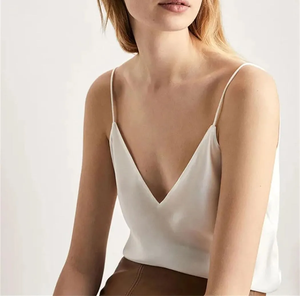 Women Spaghetti Strap Satin Top V Neck Basic Sleeveless Satin Silk Tank Summer Camisoles