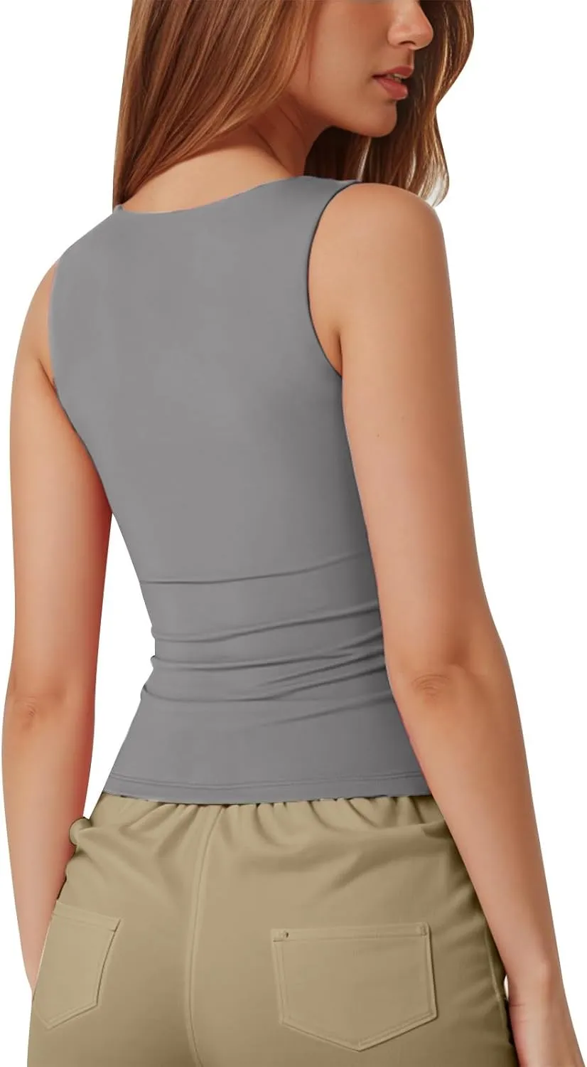 Women Square Neck Sleeveless Double Layer Tight Tank Top For Women Camisole Half Slip