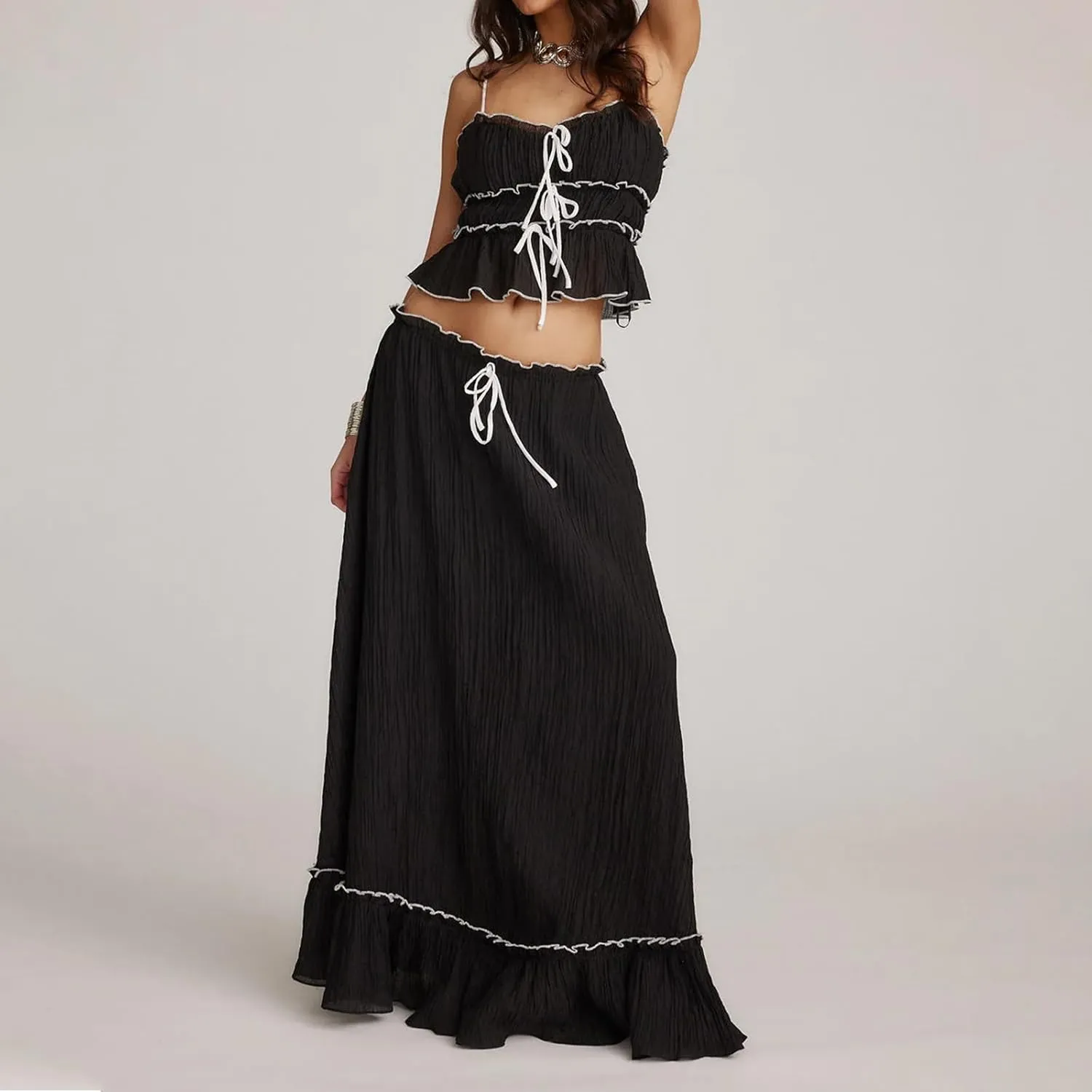 Women Summer Skirts Outfits Tie-Up Spaghetti Strap Backless Camisoles Maxi Skirt Sets Beach Vacation Clothes