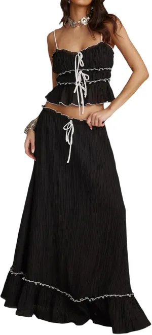 Women Summer Skirts Outfits Tie-Up Spaghetti Strap Backless Camisoles Maxi Skirt Sets Beach Vacation Clothes