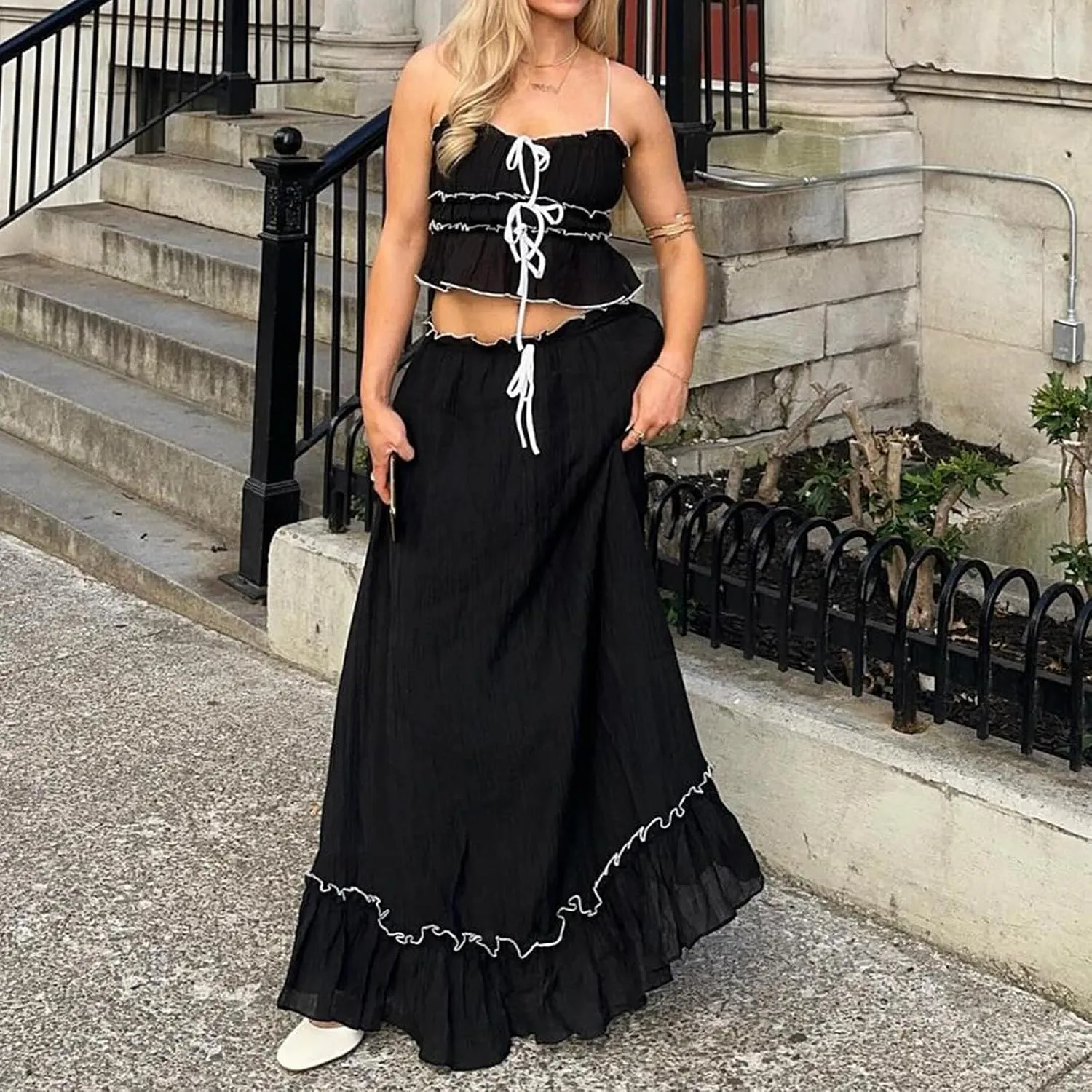 Women Summer Skirts Outfits Tie-Up Spaghetti Strap Backless Camisoles Maxi Skirt Sets Beach Vacation Clothes