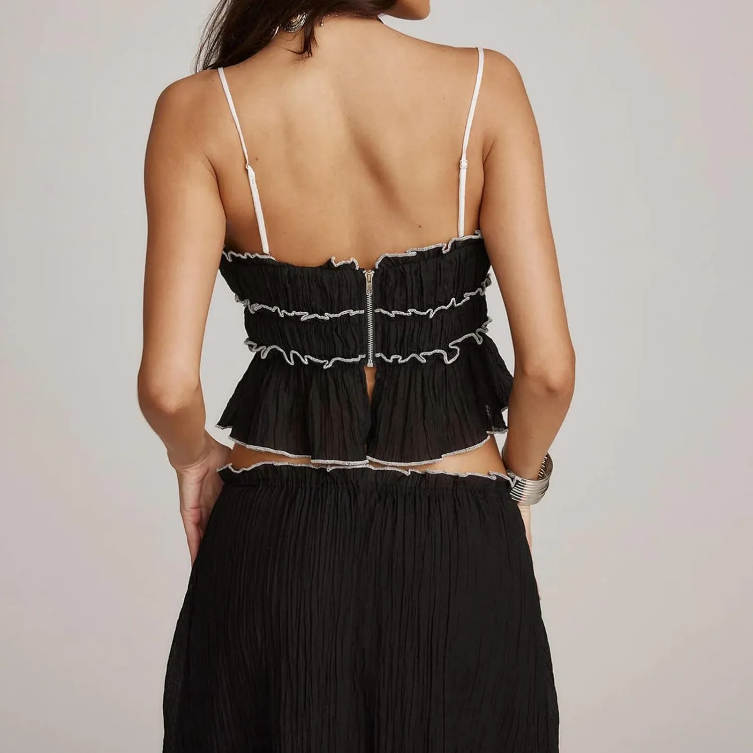Women Summer Skirts Outfits Tie-Up Spaghetti Strap Backless Camisoles Maxi Skirt Sets Beach Vacation Clothes