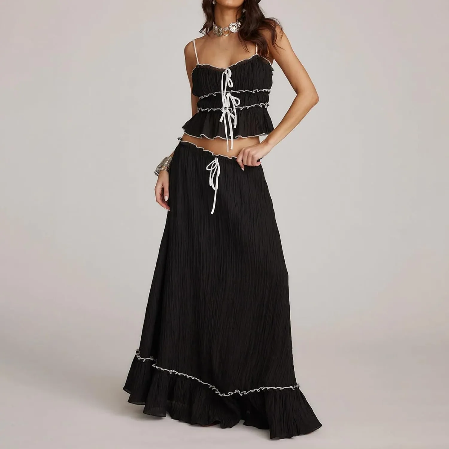 Women Summer Skirts Outfits Tie-Up Spaghetti Strap Backless Camisoles Maxi Skirt Sets Beach Vacation Clothes