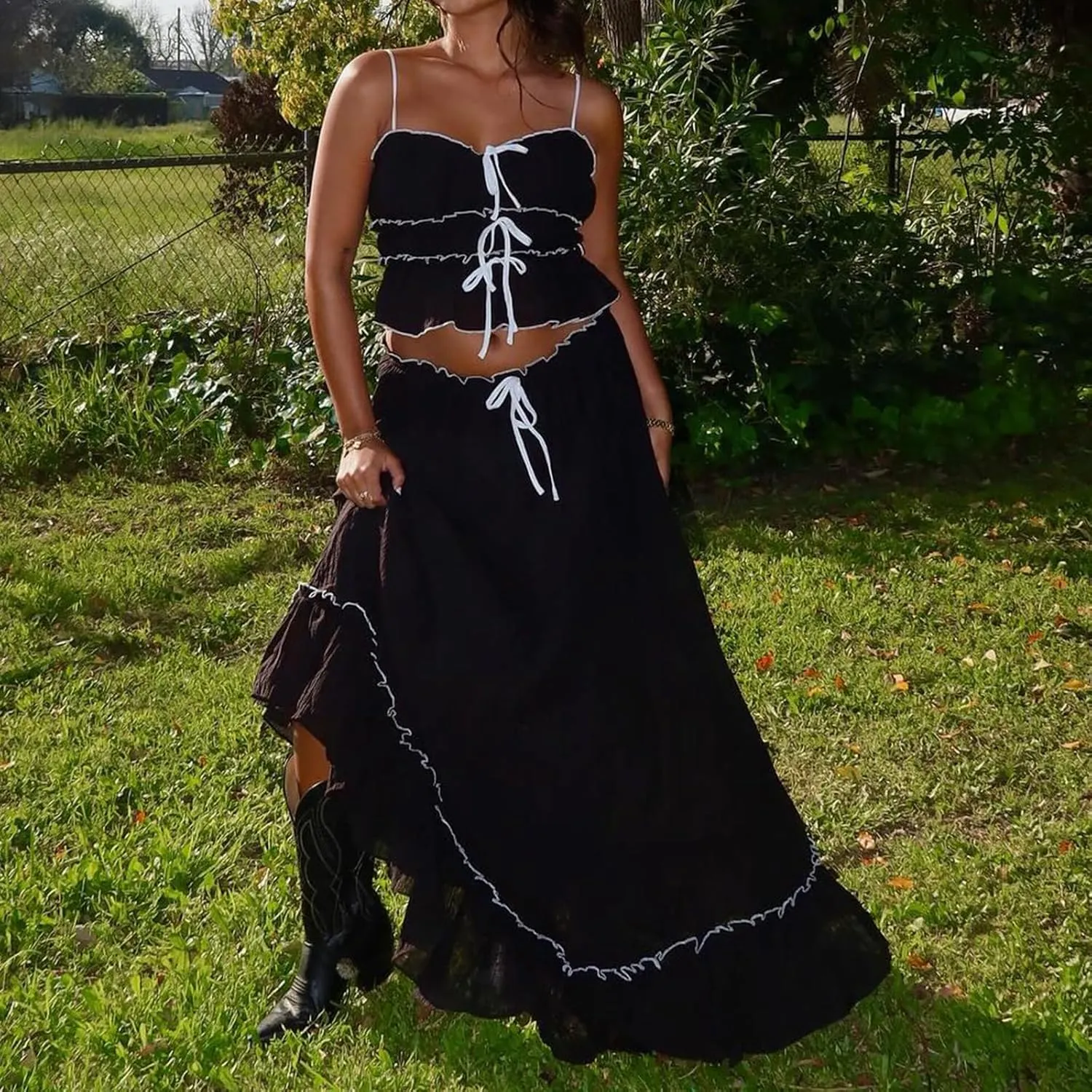 Women Summer Skirts Outfits Tie-Up Spaghetti Strap Backless Camisoles Maxi Skirt Sets Beach Vacation Clothes