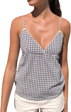 Women Y2k Babydoll Cami Top Sexy Lace Ruffle V Neck Spaghetti Strap Peplum Tank Tops Coquette Going Out Streetwear
