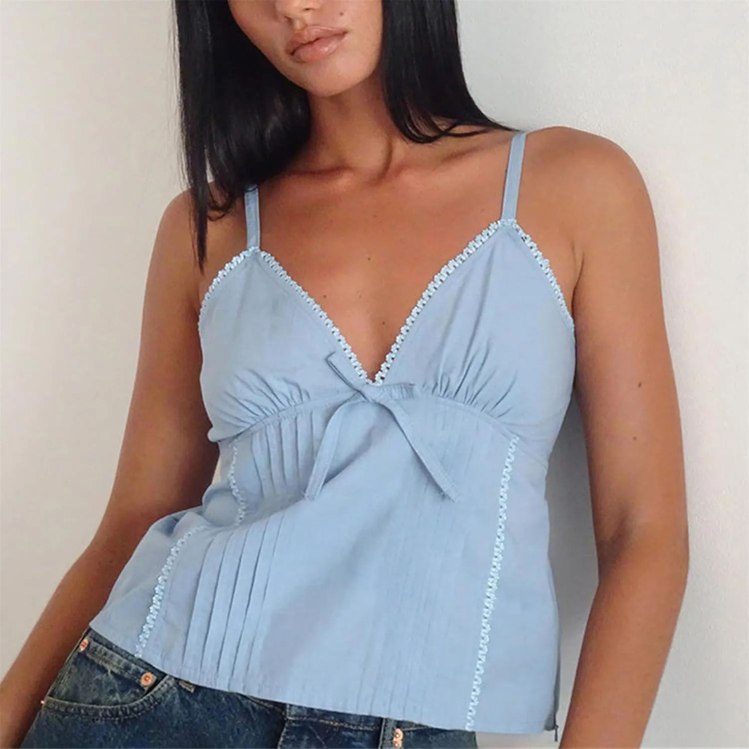 Women Y2k Babydoll Cami Top Sexy Lace Ruffle V Neck Spaghetti Strap Peplum Tank Tops Coquette Going Out Streetwear