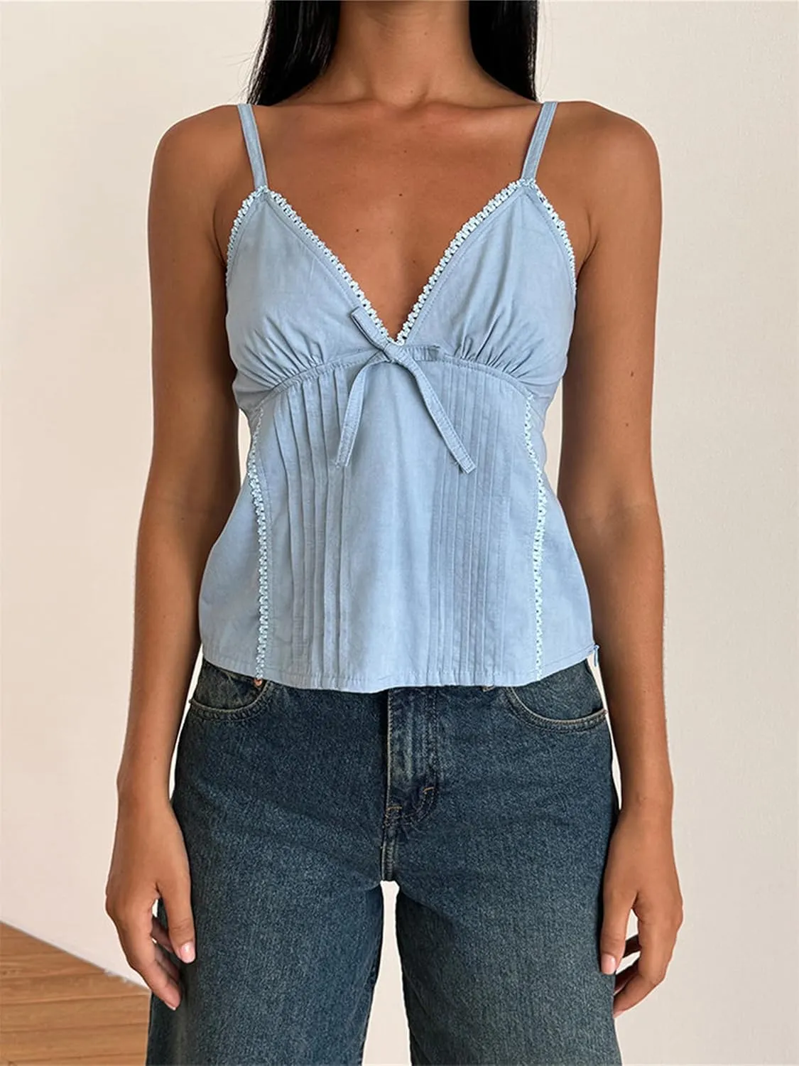 Women Y2k Babydoll Cami Top Sexy Lace Ruffle V Neck Spaghetti Strap Peplum Tank Tops Coquette Going Out Streetwear