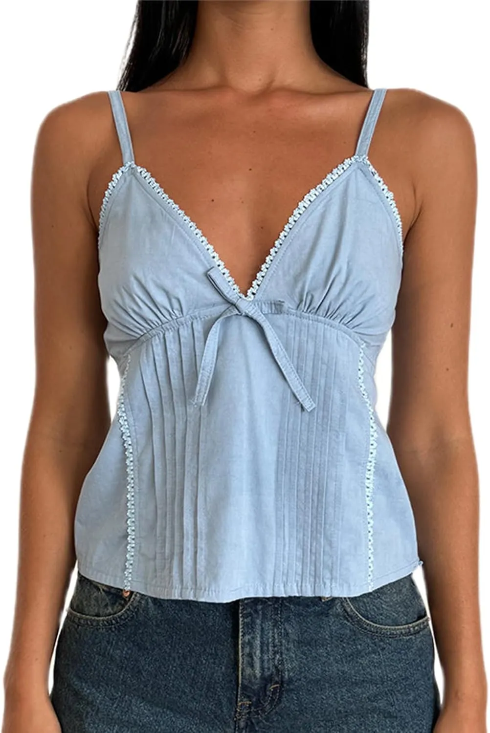 Women Y2k Babydoll Cami Top Sexy Lace Ruffle V Neck Spaghetti Strap Peplum Tank Tops Coquette Going Out Streetwear
