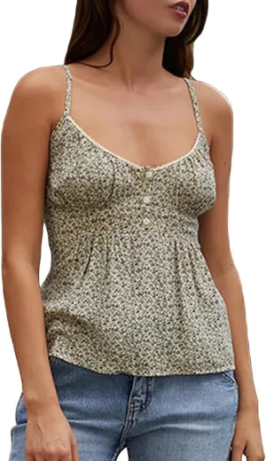 Women Y2K Floral Babydoll Tank Top Sexy Spaghetti Strap V Neck Ruffle Cami Tops Sleeveless Peplum Shirts Camisoles