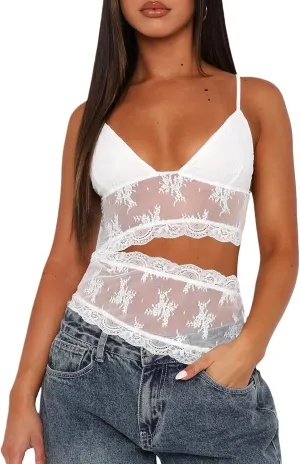 Women Y2K Lace Cami Crop Top Sleeveless Backless Spaghetti Strap Slim Tank Tops Sexy Mesh Floral Lace Camisoles