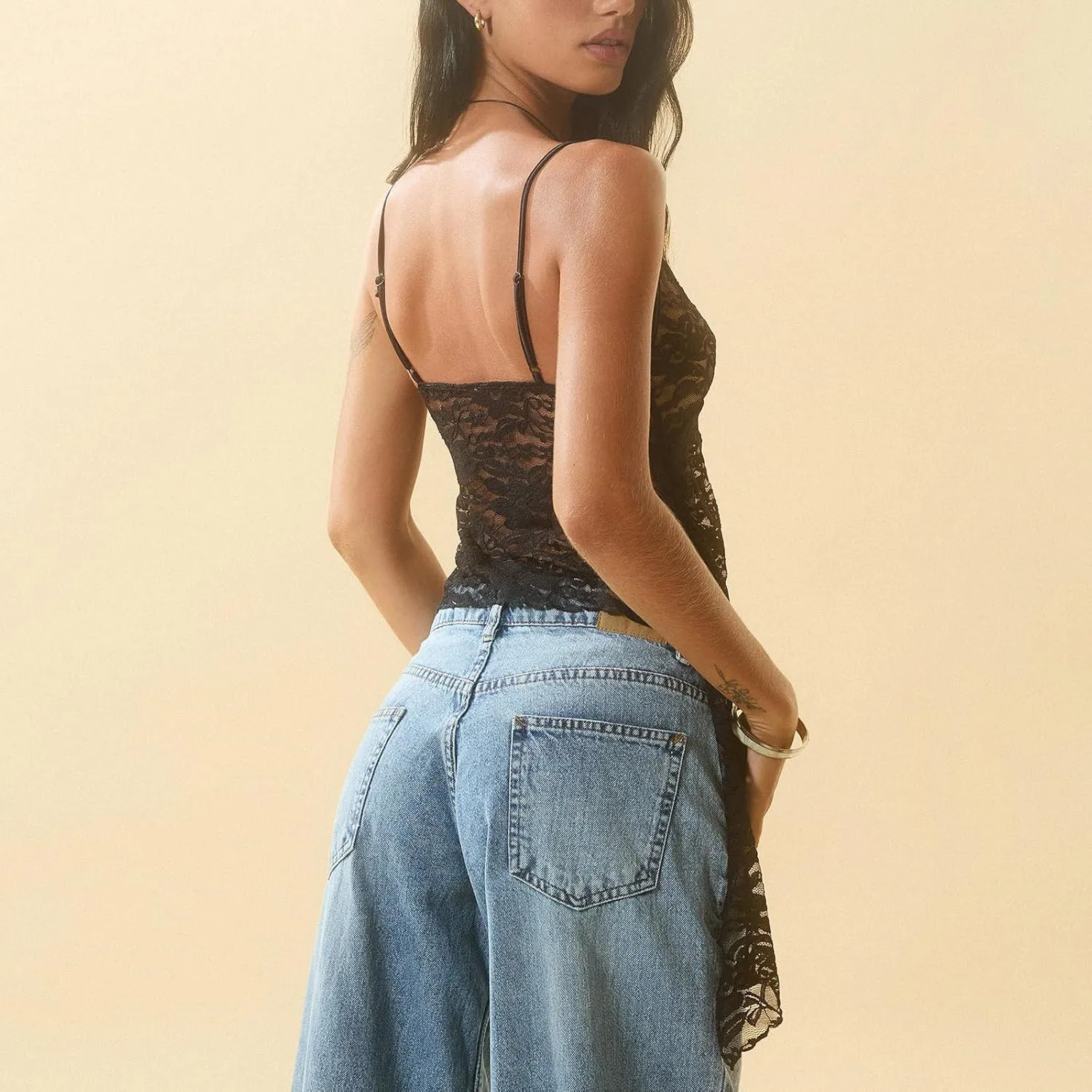 Women Y2K Lace Cami Crop Top Sleeveless Backless Spaghetti Strap Slim Tank Tops Sexy Mesh Floral Lace Camisoles