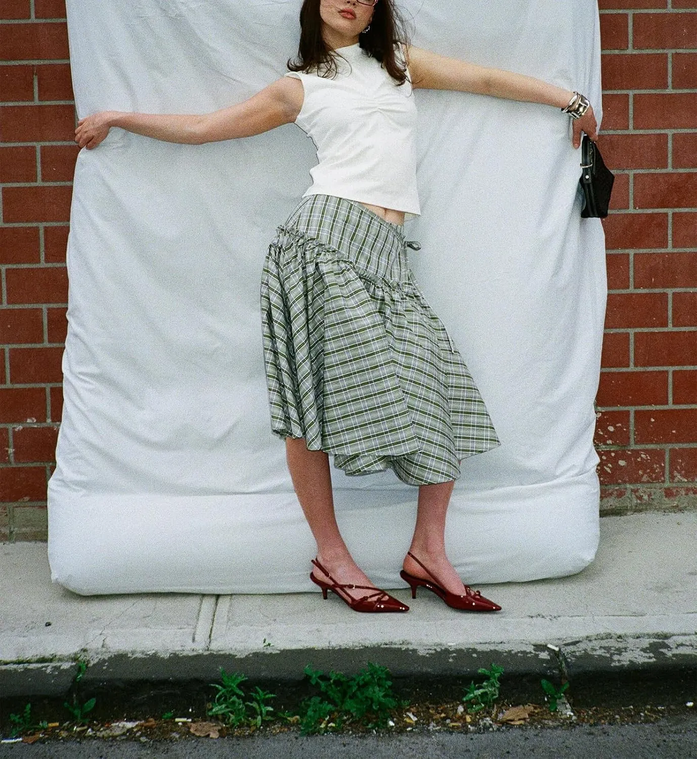 Women Y2K Plaid Maxi Skirt Elastic Waist Tie Up A Line Skirt Ruffle Hem Pleated Polka Dot Long Skirt Streetwear
