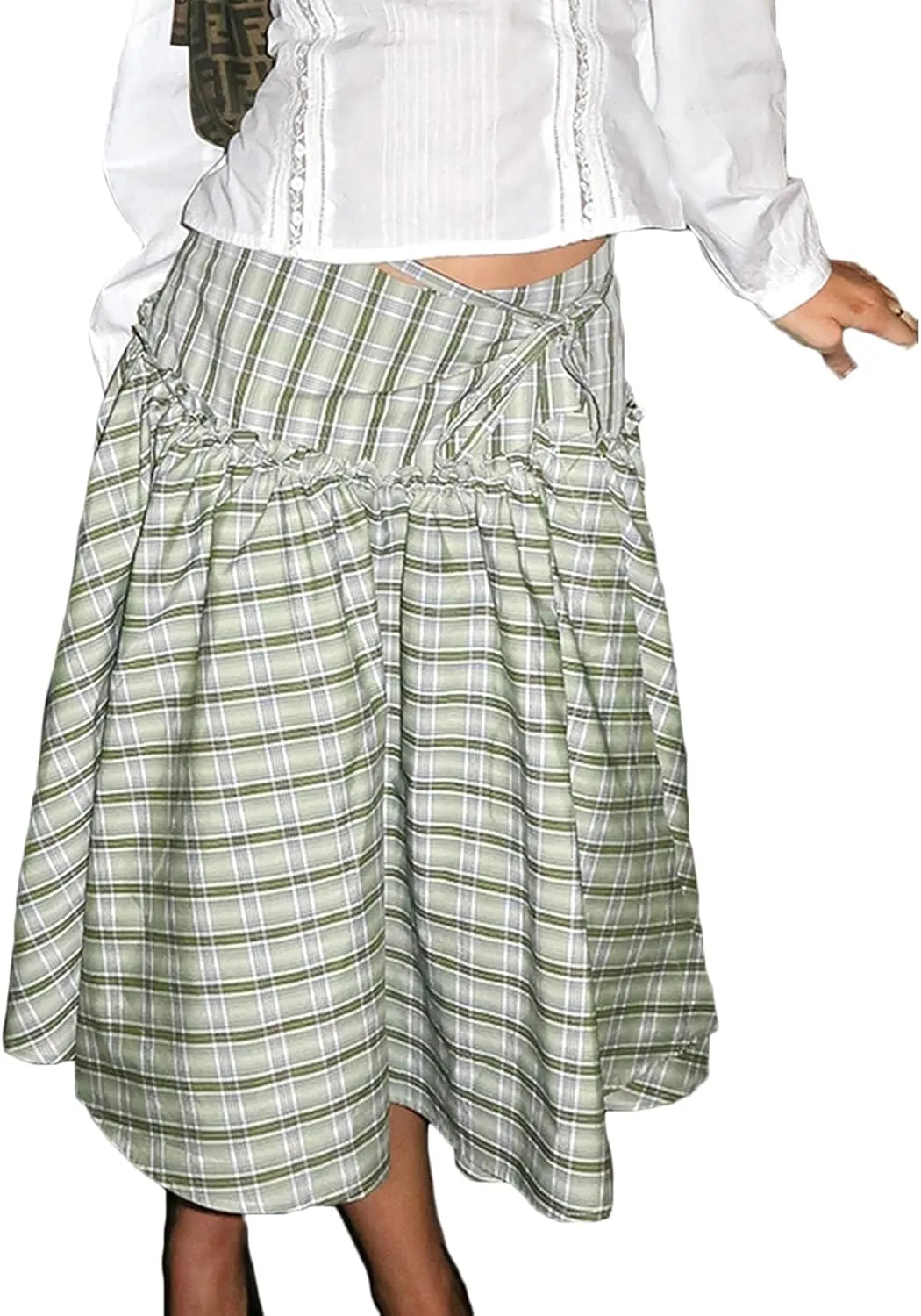 Women Y2K Plaid Maxi Skirt Elastic Waist Tie Up A Line Skirt Ruffle Hem Pleated Polka Dot Long Skirt Streetwear
