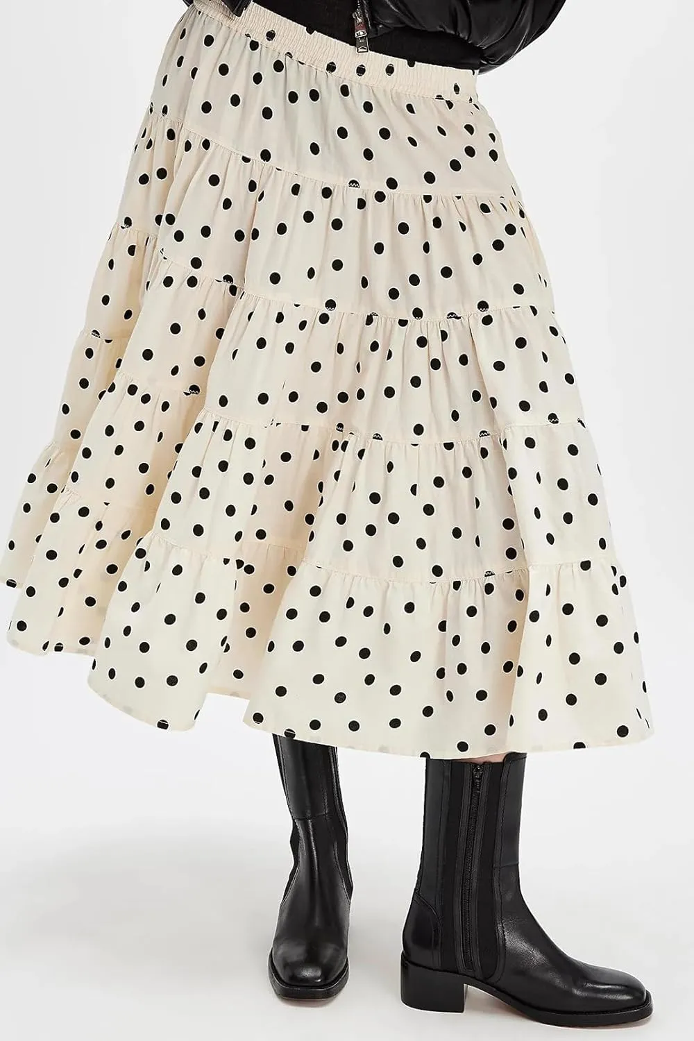 Women Y2K Plaid Maxi Skirt Elastic Waist Tie Up A Line Skirt Ruffle Hem Pleated Polka Dot Long Skirt Streetwear