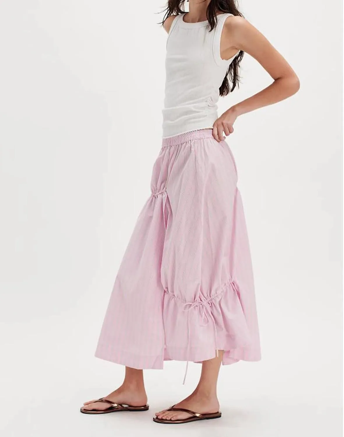 Women Y2K Plaid Maxi Skirt Elastic Waist Tie Up A Line Skirt Ruffle Hem Pleated Polka Dot Long Skirt Streetwear