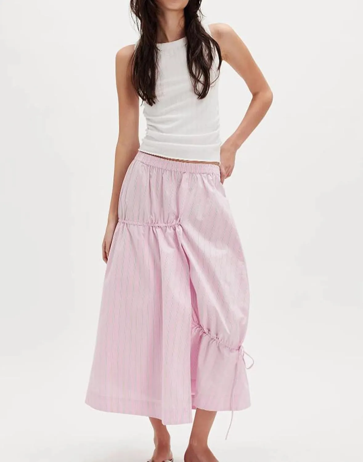 Women Y2K Plaid Maxi Skirt Elastic Waist Tie Up A Line Skirt Ruffle Hem Pleated Polka Dot Long Skirt Streetwear
