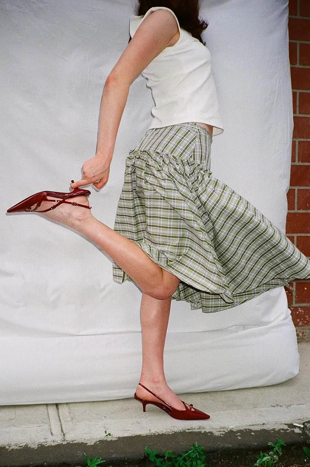 Women Y2K Plaid Maxi Skirt Elastic Waist Tie Up A Line Skirt Ruffle Hem Pleated Polka Dot Long Skirt Streetwear
