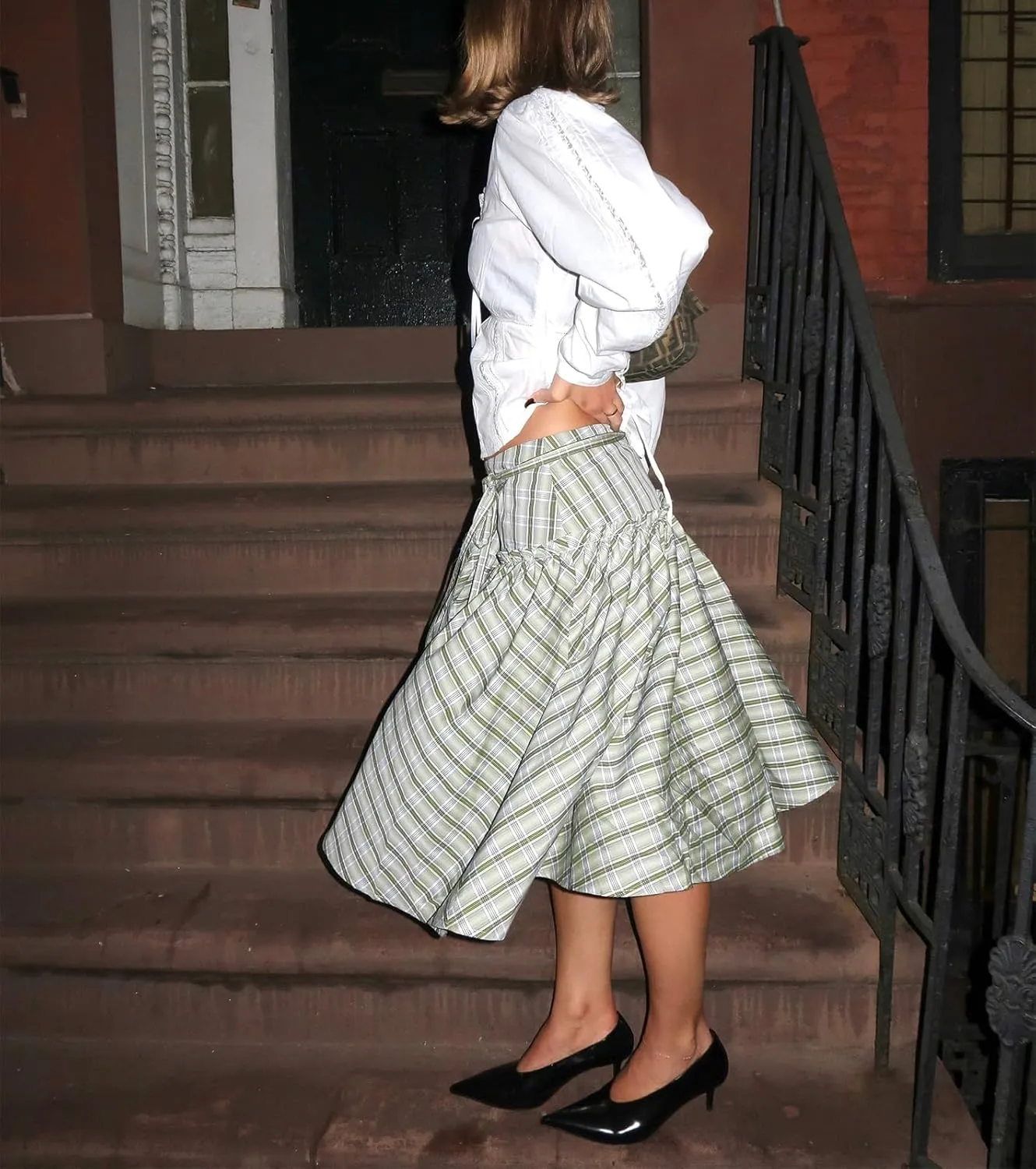 Women Y2K Plaid Maxi Skirt Elastic Waist Tie Up A Line Skirt Ruffle Hem Pleated Polka Dot Long Skirt Streetwear
