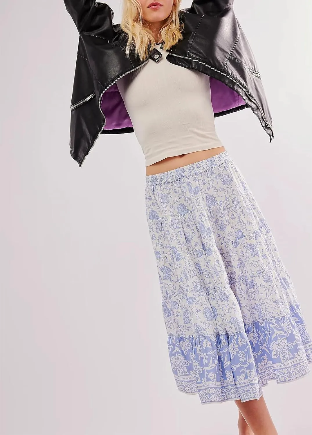 Women Y2K Plaid Maxi Skirt Elastic Waist Tie Up A Line Skirt Ruffle Hem Pleated Polka Dot Long Skirt Streetwear