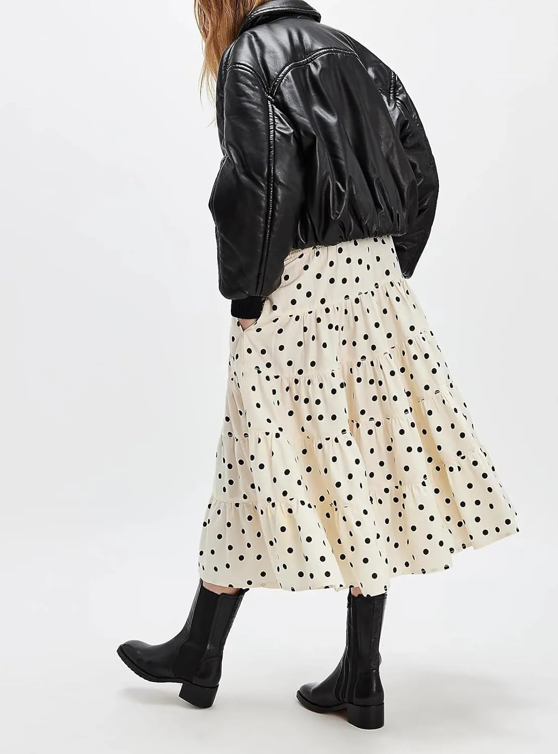 Women Y2K Plaid Maxi Skirt Elastic Waist Tie Up A Line Skirt Ruffle Hem Pleated Polka Dot Long Skirt Streetwear