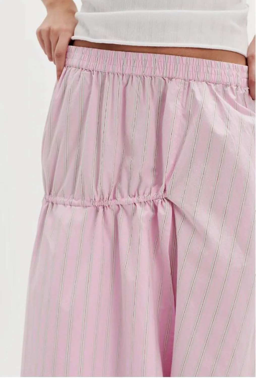Women Y2K Plaid Maxi Skirt Elastic Waist Tie Up A Line Skirt Ruffle Hem Pleated Polka Dot Long Skirt Streetwear