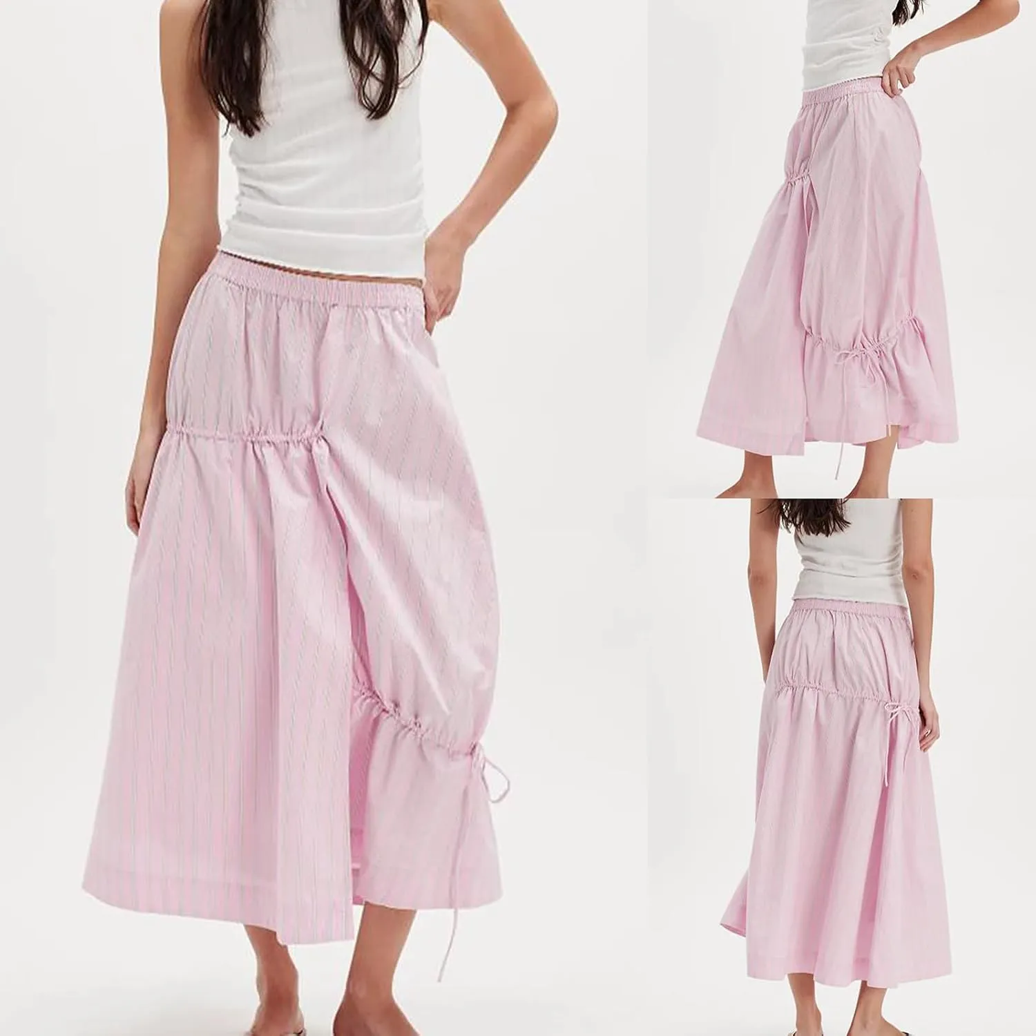 Women Y2K Plaid Maxi Skirt Elastic Waist Tie Up A Line Skirt Ruffle Hem Pleated Polka Dot Long Skirt Streetwear