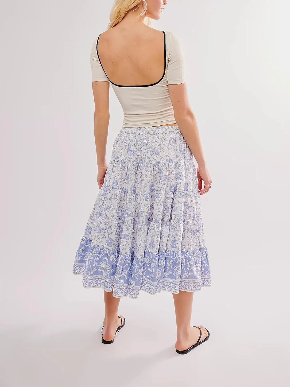 Women Y2K Plaid Maxi Skirt Elastic Waist Tie Up A Line Skirt Ruffle Hem Pleated Polka Dot Long Skirt Streetwear