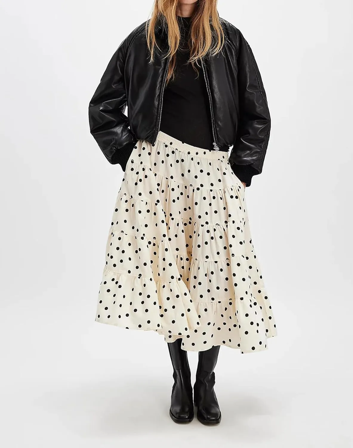 Women Y2K Plaid Maxi Skirt Elastic Waist Tie Up A Line Skirt Ruffle Hem Pleated Polka Dot Long Skirt Streetwear