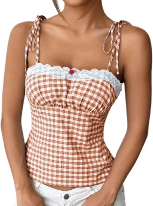 Women Y2k Plaid Tank Tops Tie Shoulder Lace Trim Cami Top Aesthetic Summer Going Out Camisoles