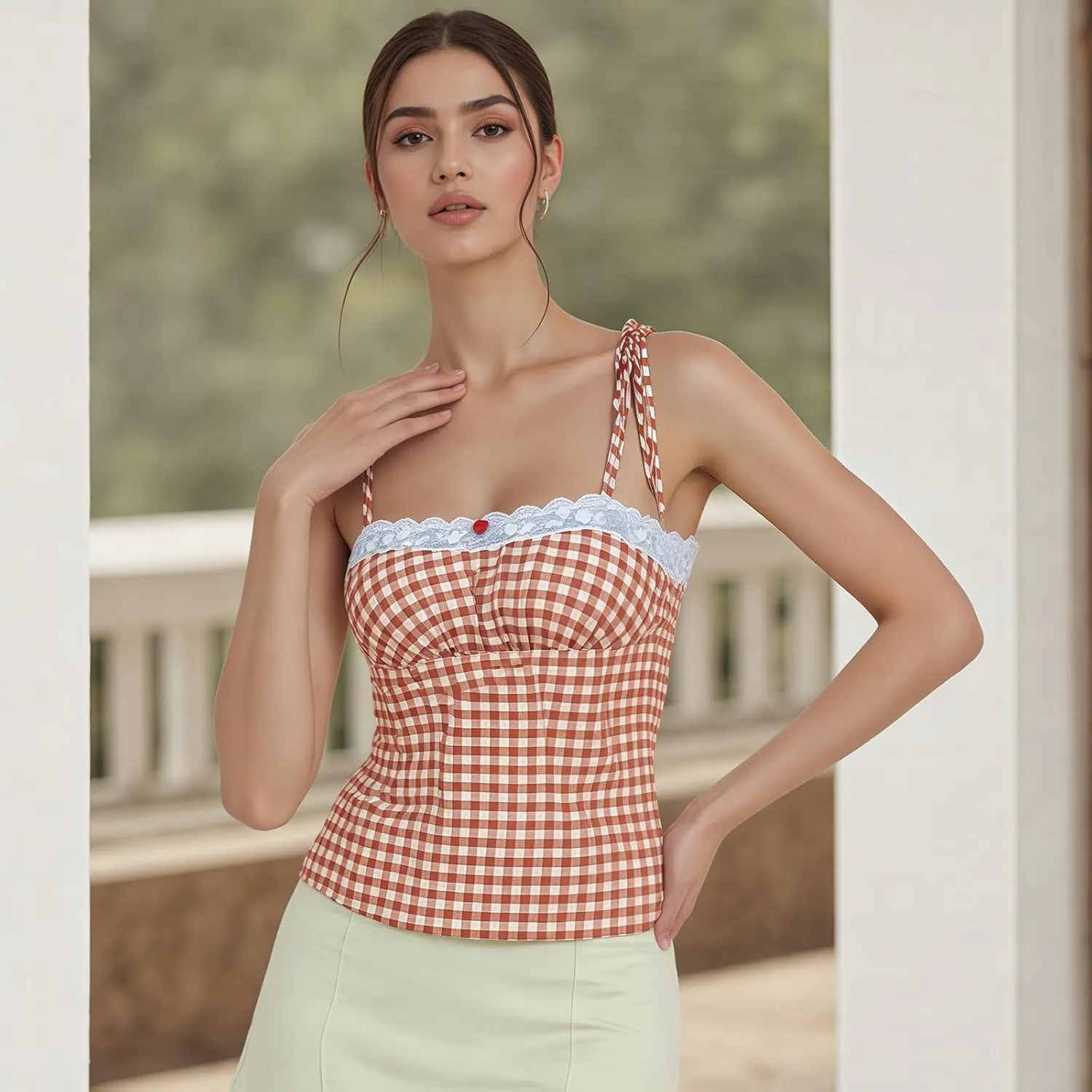 Women Y2k Plaid Tank Tops Tie Shoulder Lace Trim Cami Top Aesthetic Summer Going Out Camisoles